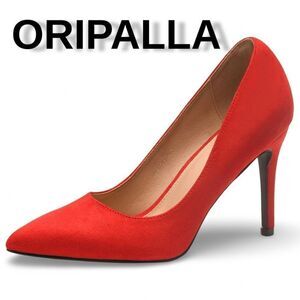 ORIPALLA Stiletto High Heels Pumps, 4” Heel, Pointed Toe, Red Suede, Size 8.5